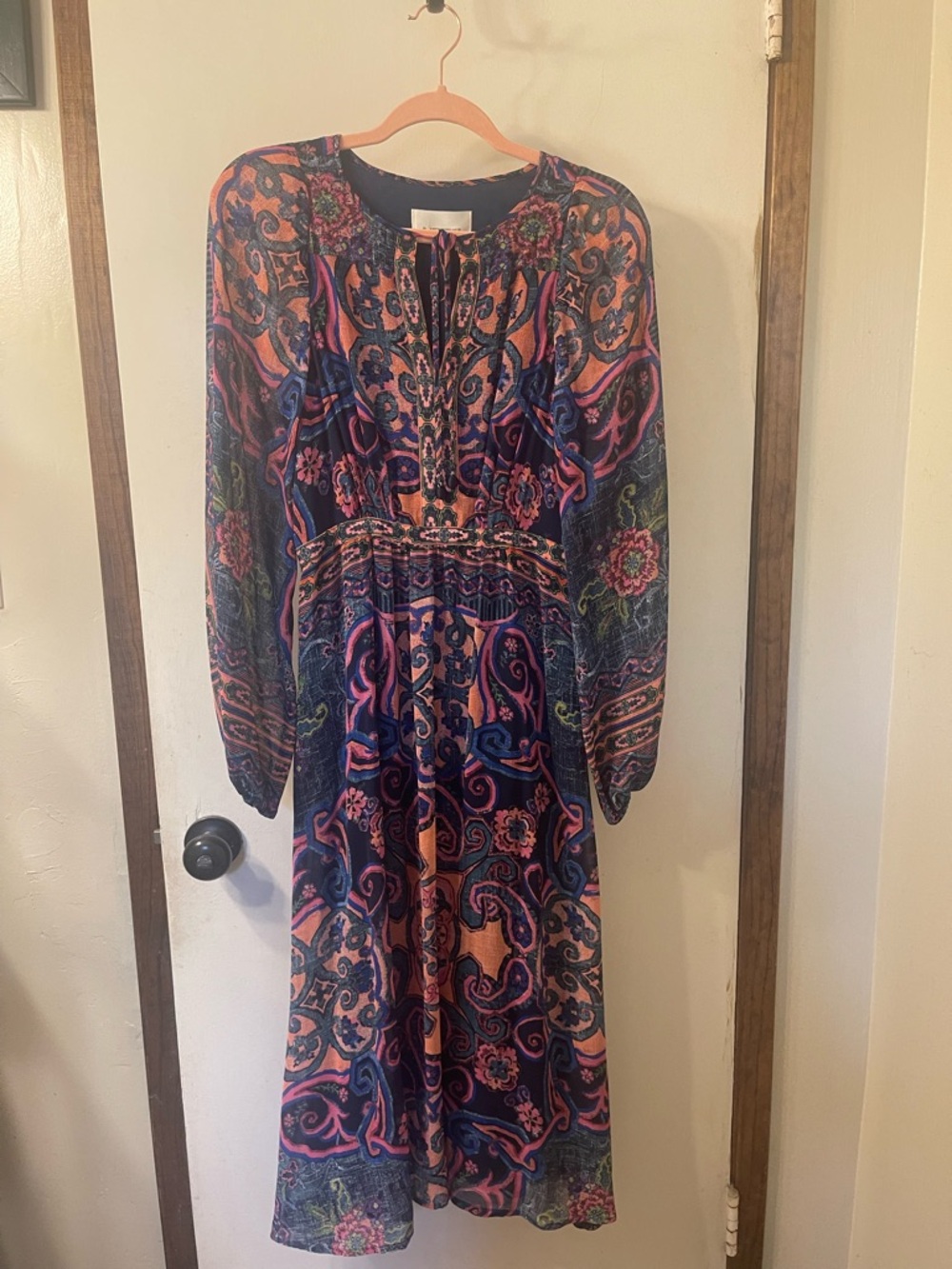 Anthropologie Paisley Floral Long Sleeve Midi Dress - Navy, Pink, Coral Sz. 4 #1